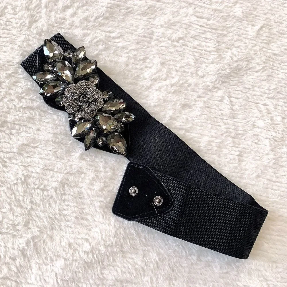 New Women’s Crystal & Beaded 3D Rose Stretch Elastic Belt
